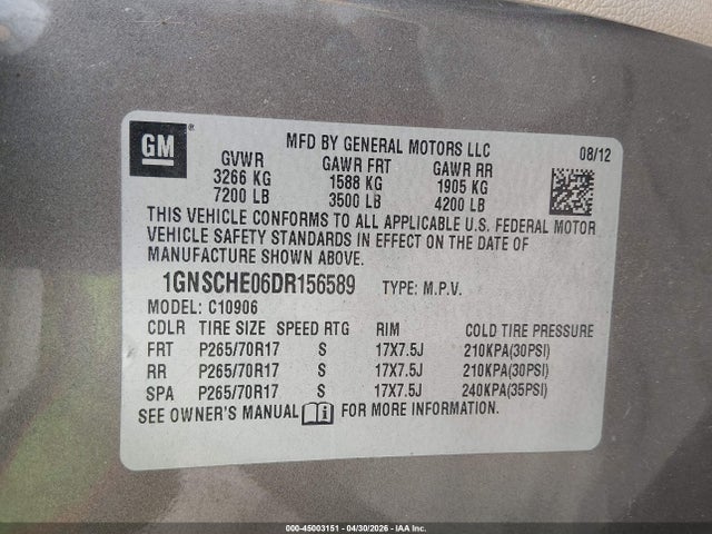 Продаж на аукціоні авто 2013 Chevrolet Suburban 1500 Ls, vin: 1GNSCHE06DR156589, номер лоту: 45003151