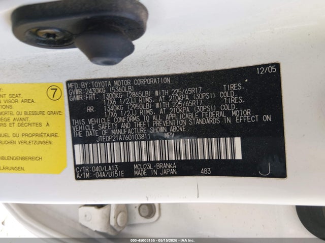 2006 Toyota Highlander Limited V6 მანქანა იყიდება აუქციონზე, vin: JTEDP21A760103811, აუქციონის ნომერი: 45003155