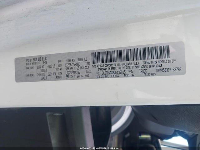 45003162 :رقم المزاد ، 3C6TRVCG8JE138815 vin ، 2018 Ram Promaster 2500 High Roof 136 Wb مزاد بيع