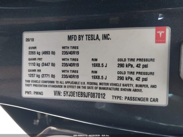 Aukcja sprzedaży 2018 Tesla Model 3 Long Range/performance, vin: 5YJ3E1EB9JF087012, numer aukcji: 45003172