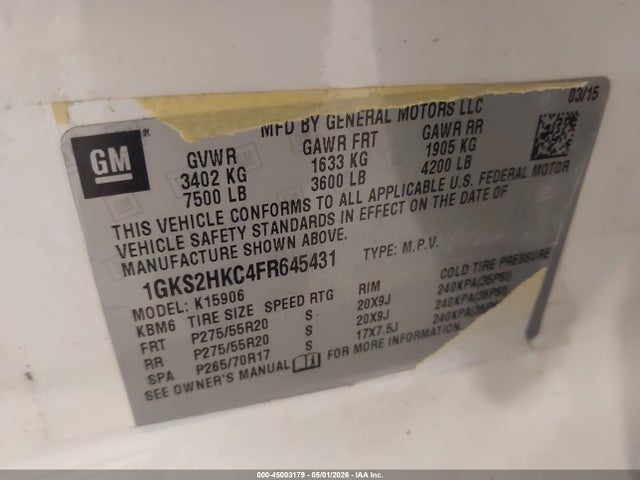Продажа на аукционе авто 2015 Gmc Yukon Xl 1500 Slt, vin: 1GKS2HKC4FR645431, номер лота: 45003179