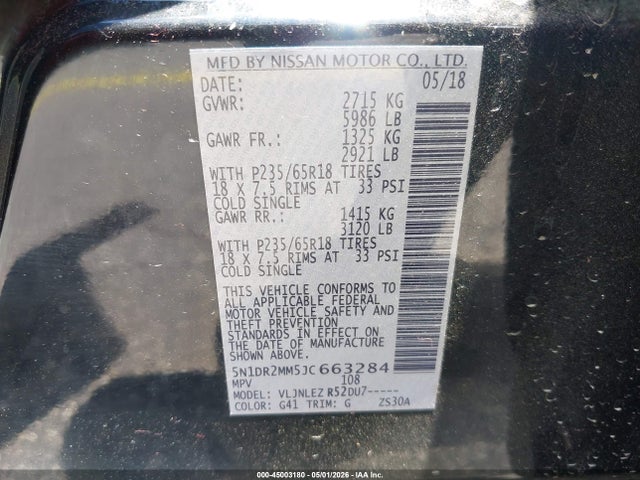 Продажа на аукционе авто 2018 Nissan Pathfinder Sv, vin: 5N1DR2MM5JC663284, номер лота: 45003180