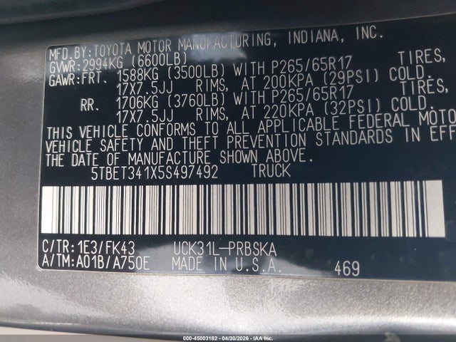 Aukcja sprzedaży 2005 Toyota Tundra Sr5 V8, vin: 5TBET341X5S497492, numer aukcji: 45003182
