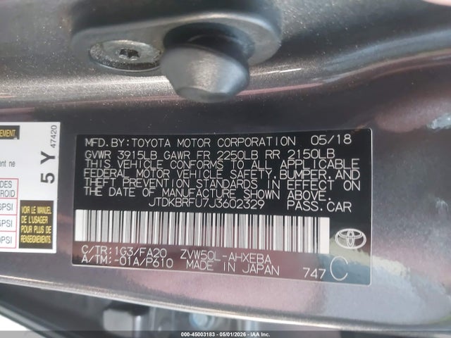 Aukcja sprzedaży 2018 Toyota Prius Two, vin: JTDKBRFU7J3602329, numer aukcji: 45003183