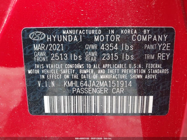 Aukcja sprzedaży 2021 Hyundai Sonata Sel, vin: KMHL64JA2MA151914, numer aukcji: 45003185