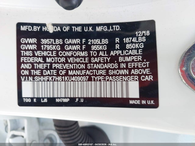 Aukcja sprzedaży 2019 Honda Civic Ex, vin: SHHFK7H61KU409097, numer aukcji: 45003187