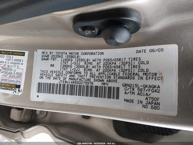 Продаж на аукціоні авто 2005 Toyota 4runner Sr5 Sport V6/sr5 V6, vin: JTEBU14R850075978, номер лоту: 45003190