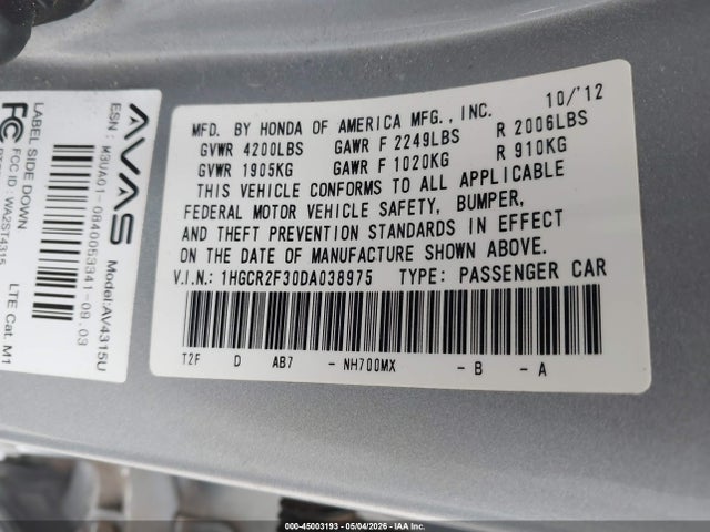 Aukcja sprzedaży 2013 Honda Accord Lx, vin: 1HGCR2F30DA038975, numer aukcji: 45003193