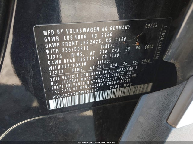 Aukcja sprzedaży 2013 Volkswagen Tiguan Se, vin: WVGAV7AX6DW536010, numer aukcji: 45003196
