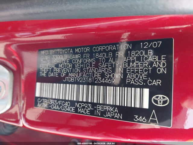 Продажа на аукционе авто 2008 Toyota Yaris S, vin: JTDBT923181234469, номер лота: 45003198