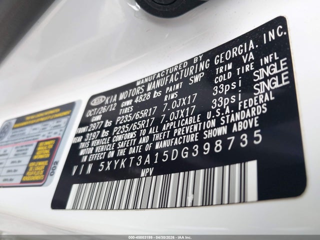 Aukcja sprzedaży 2013 Kia Sorento Lx, vin: 5XYKT3A15DG398735, numer aukcji: 45003199