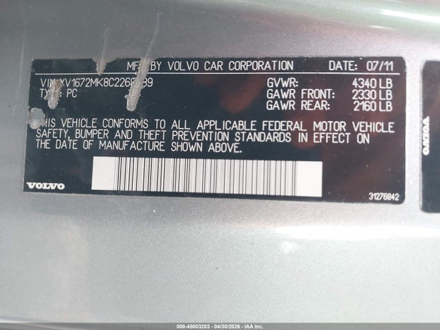 45003203 :رقم المزاد ، YV1672MK8C2269489 vin ، 2012 Volvo C30 T5 Premier Plus مزاد بيع