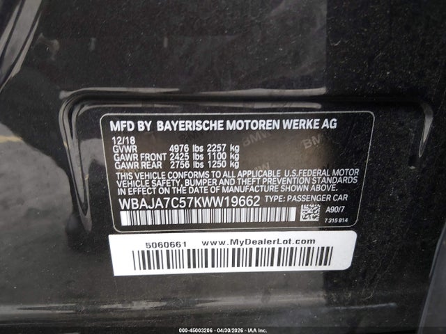 45003206 :رقم المزاد ، WBAJA7C57KWW19662 vin ، 2019 Bmw 530i Xdrive مزاد بيع