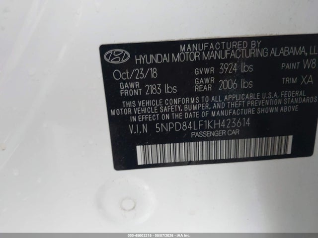 Продажа на аукционе авто 2019 Hyundai Elantra Sel, vin: 5NPD84LF1KH423614, номер лота: 45003215