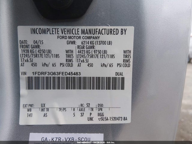 Ford F-350 Chassis Xl 2015 1FDRF3G63FED45483 Image 9
