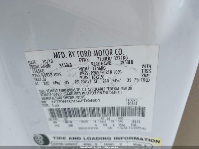 45003233 :رقم المزاد ، 1FTFW1CV3AFD94601 vin ، 2010 Ford F-150 Fx2 Sport/harley-davidson/king Ranch/lariat/platinum/xl/xlt مزاد بيع