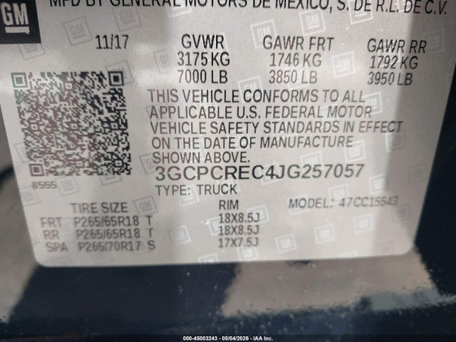 45003243 :رقم المزاد ، 3GCPCREC4JG257057 vin ، 2018 Chevrolet Silverado 1500 1lt مزاد بيع