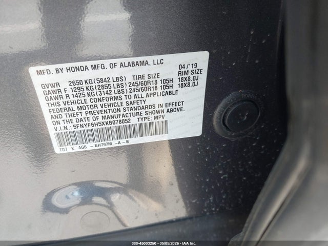 45003250 :رقم المزاد ، 5FNYF6H5XKB078052 vin ، 2019 Honda Pilot Ex-l مزاد بيع