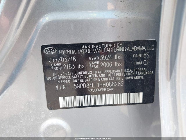 2017 Hyundai Elantra Limited მანქანა იყიდება აუქციონზე, vin: 5NPD84LF1HH088282, აუქციონის ნომერი: 45003259
