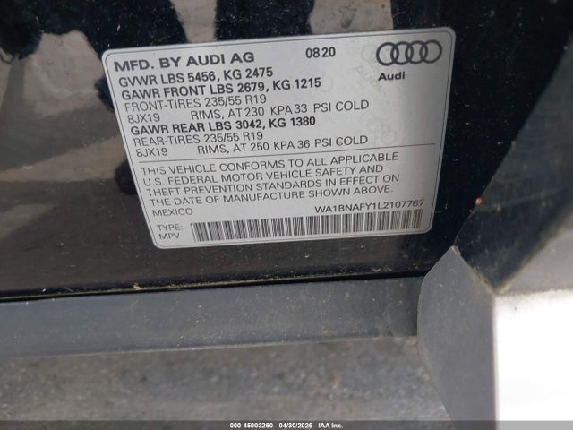 Продаж на аукціоні авто 2020 Audi Q5 Premium Plus 45 Tfsi Quattro S Tronic, vin: WA1BNAFY1L2107767, номер лоту: 45003260