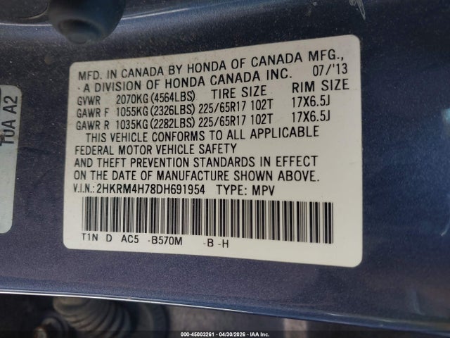 2013 Honda Cr-v Ex-l მანქანა იყიდება აუქციონზე, vin: 2HKRM4H78DH691954, აუქციონის ნომერი: 45003261