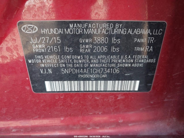 Продаж на аукціоні авто 2016 Hyundai Elantra Se, vin: 5NPDH4AE1GH734106, номер лоту: 45003266