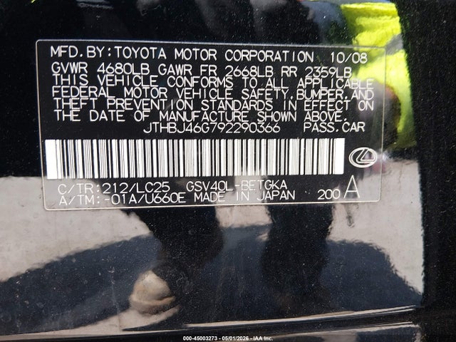 45003273 :رقم المزاد ، JTHBJ46G792290366 vin ، 2009 Lexus Es 350 مزاد بيع