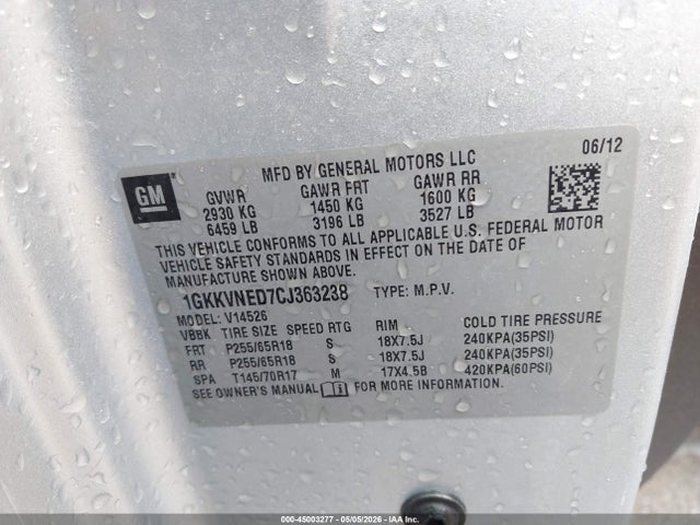 Продаж на аукціоні авто 2012 Gmc Acadia Sl, vin: 1GKKVNED7CJ363238, номер лоту: 45003277