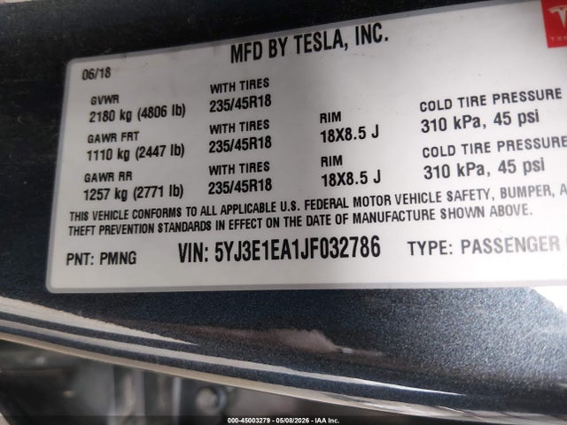 Tesla Model 3 Long Range/mid Range 2018 5YJ3E1EA1JF032786 Image 9