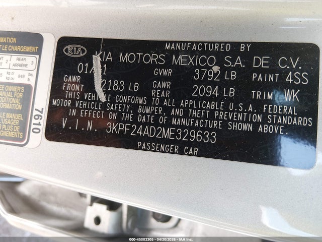 45003305 :رقم المزاد ، 3KPF24AD2ME329633 vin ، 2021 Kia Forte Lxs مزاد بيع