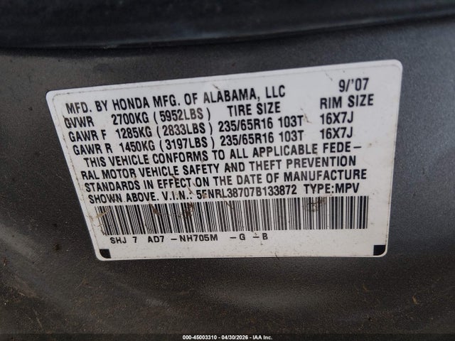 Продаж на аукціоні авто 2007 Honda Odyssey Ex-l, vin: 5FNRL38707B133872, номер лоту: 45003310