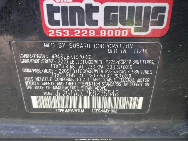 JF2GTACC7K8275548 Subaru Crosstrek 2.0i Premium