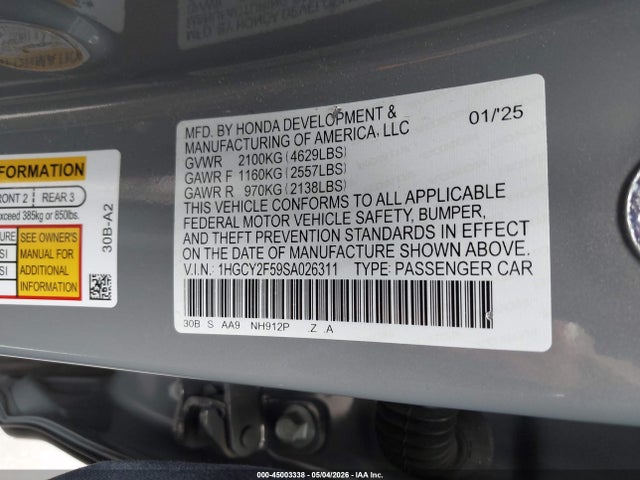 Продажа на аукционе авто 2025 Honda Accord Hybrid Sport, vin: 1HGCY2F59SA026311, номер лота: 45003338