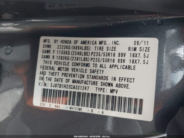 Aukcja sprzedaży 2012 Acura Rdx, vin: 5J8TB1H20CA001247, numer aukcji: 45003340