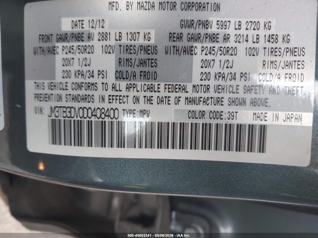 Aukcja sprzedaży 2013 Mazda Cx-9 Grand Touring, vin: JM3TB3DV0D0408400, numer aukcji: 45003341