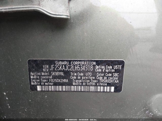 Продаж на аукціоні авто 2020 Subaru Forester Premium, vin: JF2SKAJC2LH534318, номер лоту: 45003353
