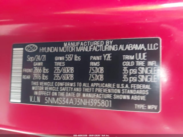 Продажа на аукционе авто 2022 Hyundai Santa Fe Sel, vin: 5NMS34AJ3NH395801, номер лота: 45003359