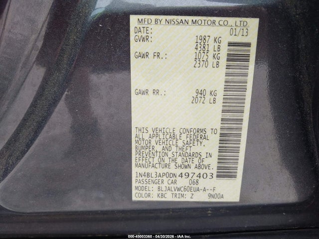 2013 Nissan Altima 3.5 Sl მანქანა იყიდება აუქციონზე, vin: 1N4BL3AP0DN497403, აუქციონის ნომერი: 45003360
