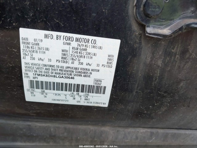 2020 Ford Explorer Xlt მანქანა იყიდება აუქციონზე, vin: 1FMSK8DH8LGA30646, აუქციონის ნომერი: 45003362