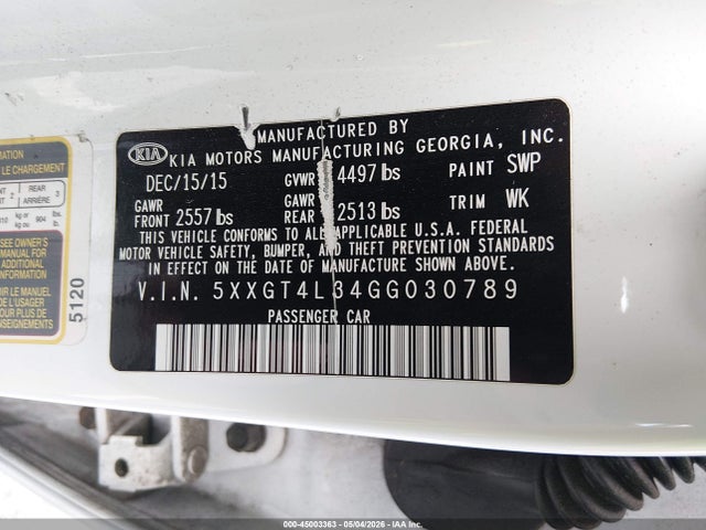 Aukcja sprzedaży 2016 Kia Optima Lx, vin: 5XXGT4L34GG030789, numer aukcji: 45003363