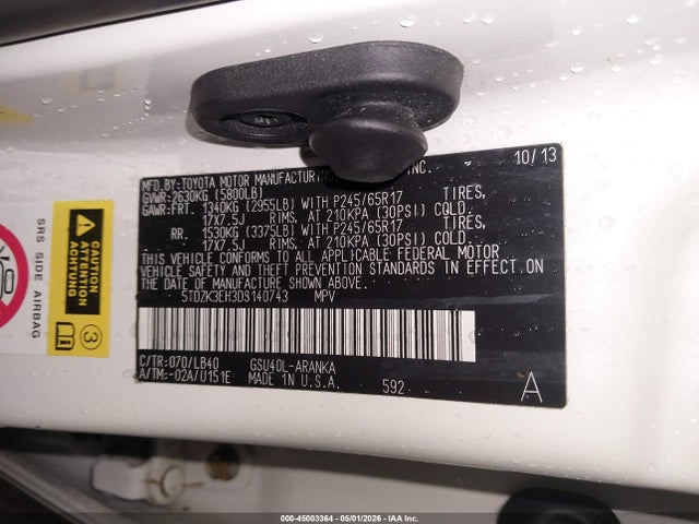 Aukcja sprzedaży 2013 Toyota Highlander Base Plus V6/base V6/se V6, vin: 5TDZK3EH3DS140743, numer aukcji: 45003364