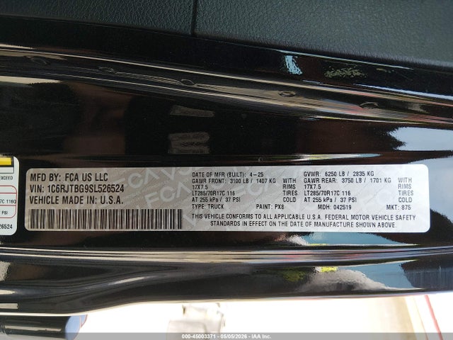 2025 Jeep Gladiator Rubicon მანქანა იყიდება აუქციონზე, vin: 1C6RJTBG9SL526524, აუქციონის ნომერი: 45003371