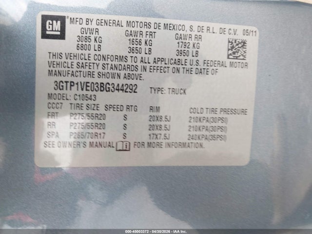 Aukcja sprzedaży 2011 Gmc Sierra 1500 Sle, vin: 3GTP1VE03BG344292, numer aukcji: 45003372