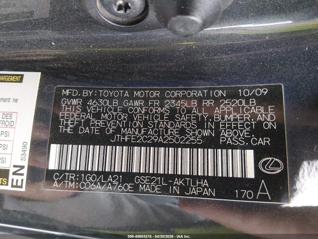 Aukcja sprzedaży 2010 Lexus Is 350c, vin: JTHFE2C29A2502255, numer aukcji: 45003378