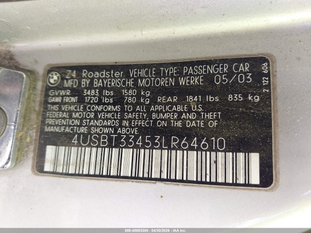Aukcja sprzedaży 2003 Bmw Z4 2.5i, vin: 4USBT33453LR64610, numer aukcji: 45003380