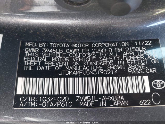 JTDKAMFU5N3190214 Toyota Prius L