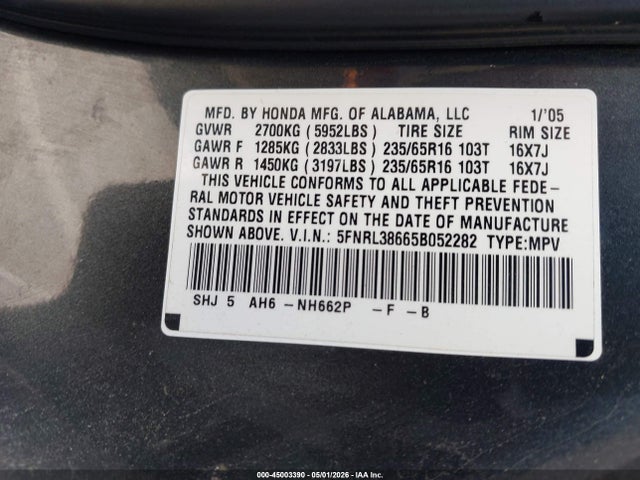 Aukcja sprzedaży 2005 Honda Odyssey Ex-l, vin: 5FNRL38665B052282, numer aukcji: 45003390