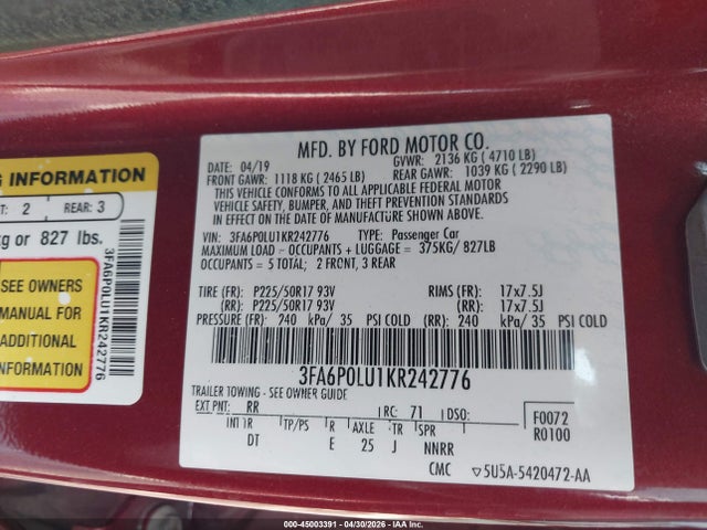 45003391 :رقم المزاد ، 3FA6P0LU1KR242776 vin ، 2019 Ford Fusion Hybrid Se مزاد بيع