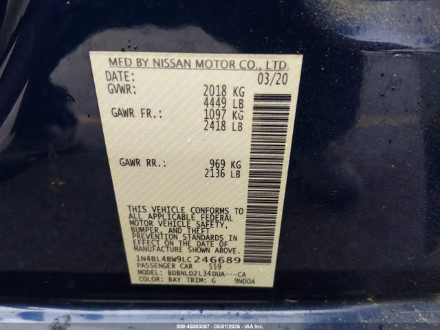 Aukcja sprzedaży 2020 Nissan Altima S Intelligent Awd, vin: 1N4BL4BW9LC246689, numer aukcji: 45003397