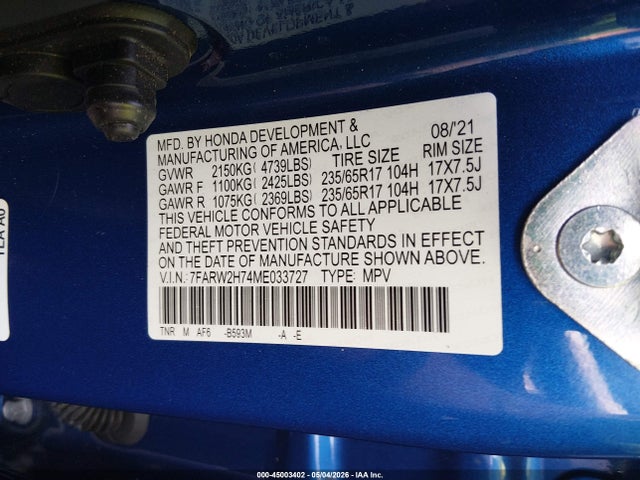 2021 Honda Cr-v Awd Special Edition მანქანა იყიდება აუქციონზე, vin: 7FARW2H74ME033727, აუქციონის ნომერი: 45003402